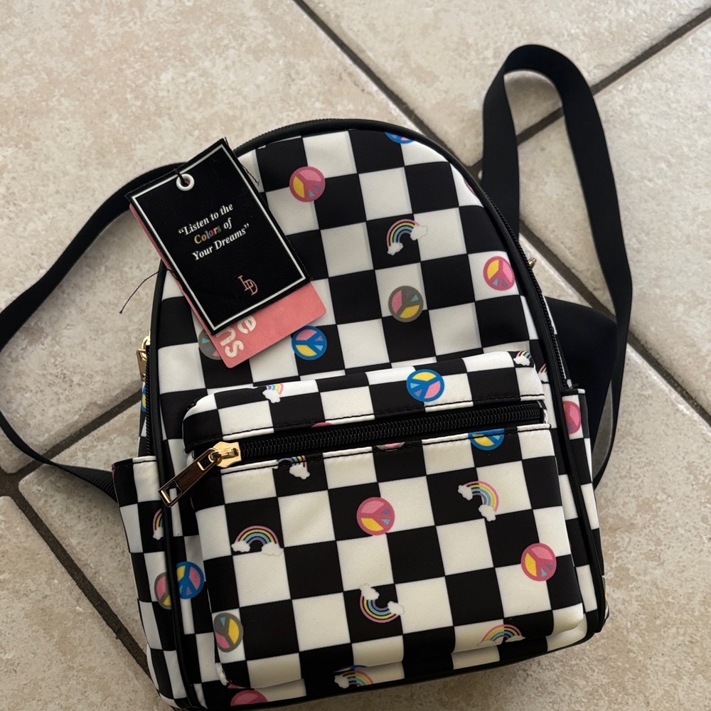 Stylish Checkered Backpack with Rainbow Accents N… - image 1